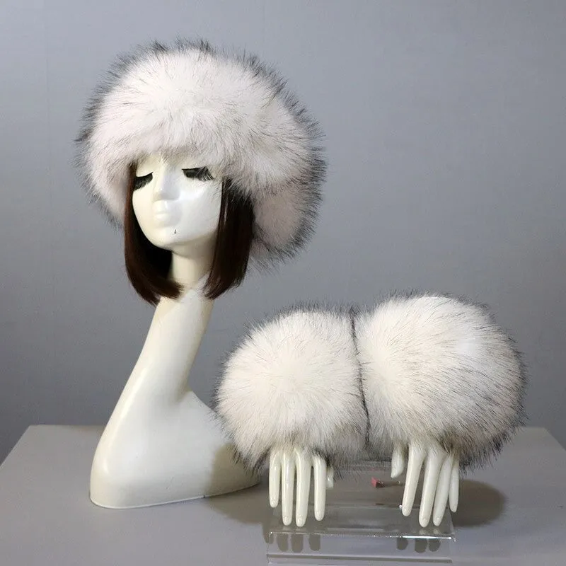 Set of Thick and Fluffy Faux Fur Headband and Elastic Cuffs Winter Warmer