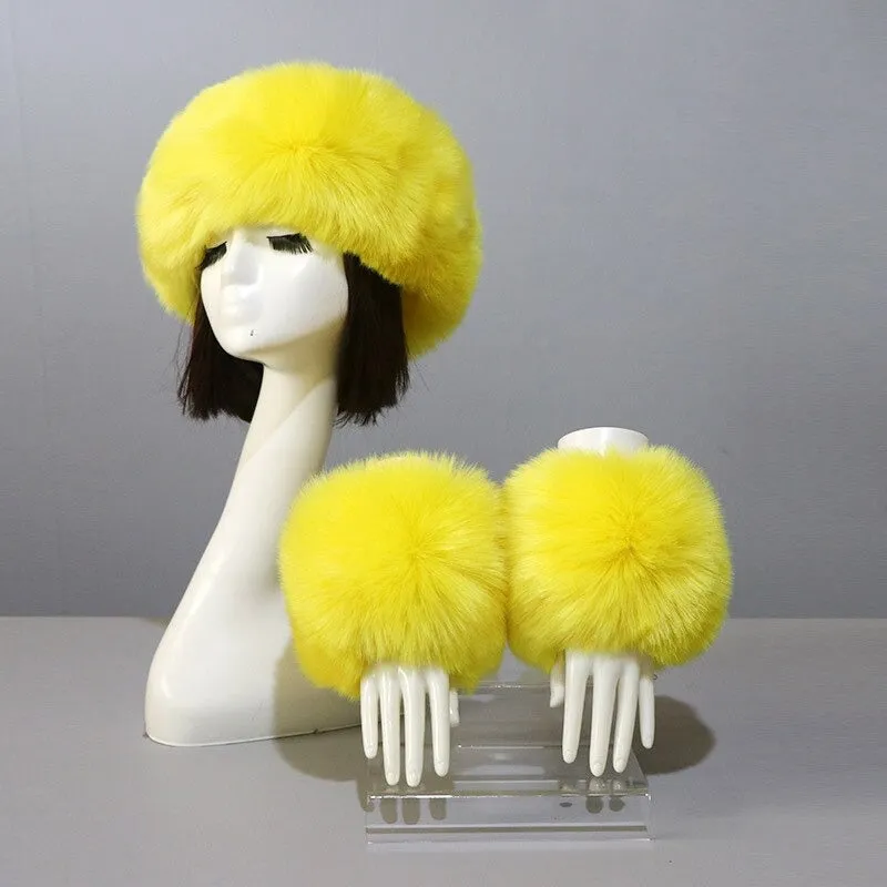 Set of Thick and Fluffy Faux Fur Headband and Elastic Cuffs Winter Warmer