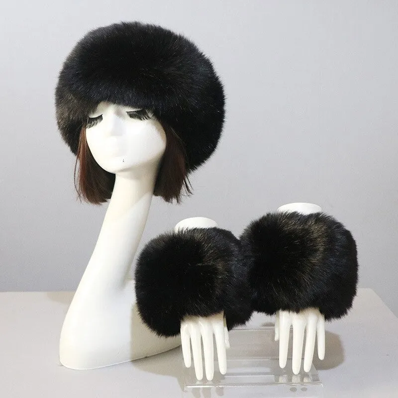 Set of Thick and Fluffy Faux Fur Headband and Elastic Cuffs Winter Warmer