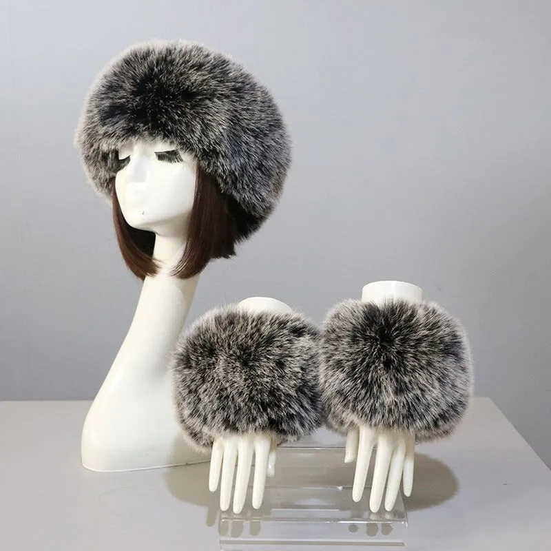 Set of Thick and Fluffy Faux Fur Headband and Elastic Cuffs Winter Warmer