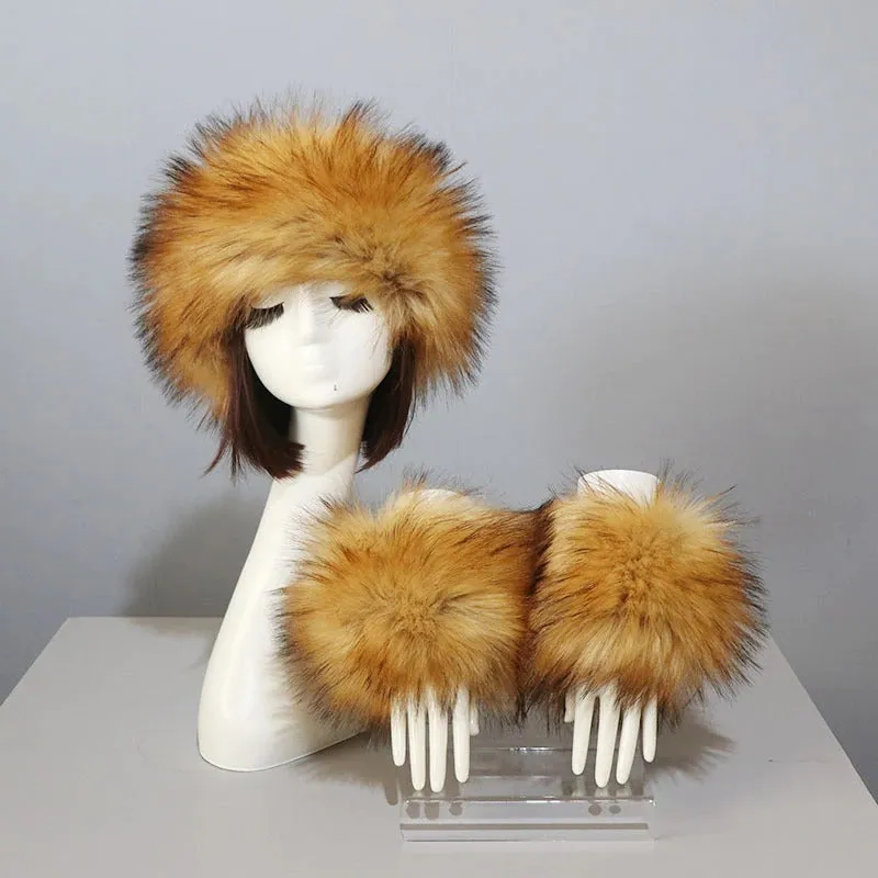Set of Thick and Fluffy Faux Fur Headband and Elastic Cuffs Winter Warmer
