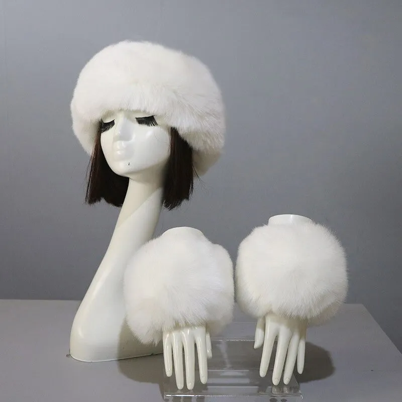 Set of Thick and Fluffy Faux Fur Headband and Elastic Cuffs Winter Warmer
