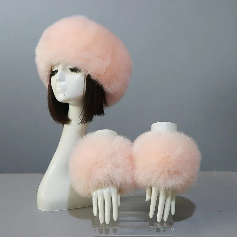 Set of Thick and Fluffy Faux Fur Headband and Elastic Cuffs Winter Warmer