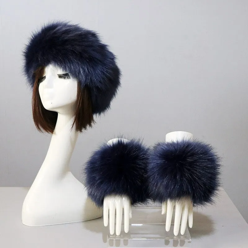 Set of Thick and Fluffy Faux Fur Headband and Elastic Cuffs Winter Warmer