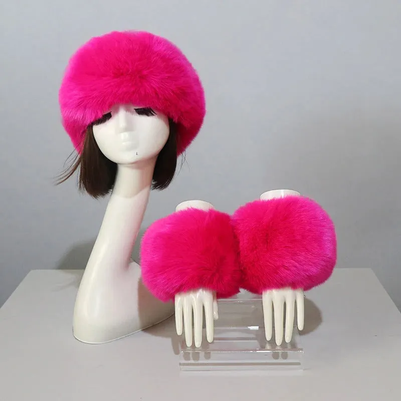 Set of Thick and Fluffy Faux Fur Headband and Elastic Cuffs Winter Warmer