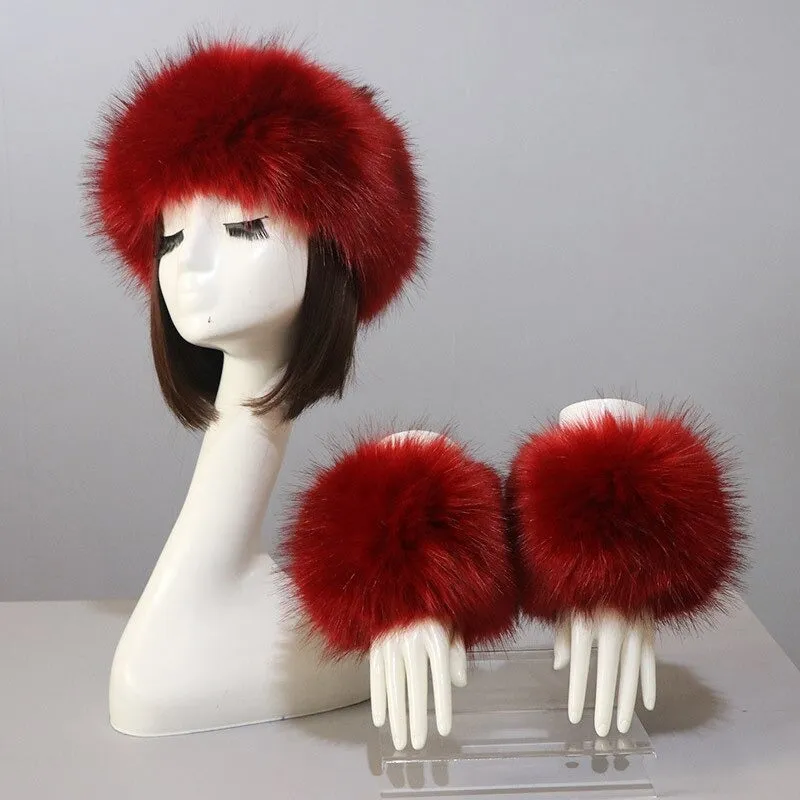 Set of Thick and Fluffy Faux Fur Headband and Elastic Cuffs Winter Warmer