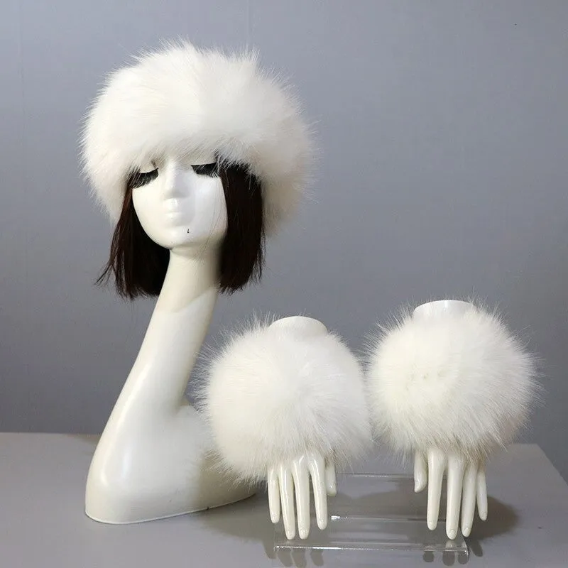 Set of Thick and Fluffy Faux Fur Headband and Elastic Cuffs Winter Warmer