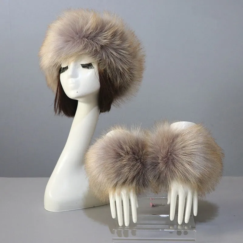 Set of Thick and Fluffy Faux Fur Headband and Elastic Cuffs Winter Warmer