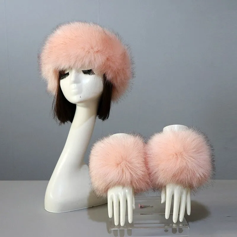Set of Thick and Fluffy Faux Fur Headband and Elastic Cuffs Winter Warmer