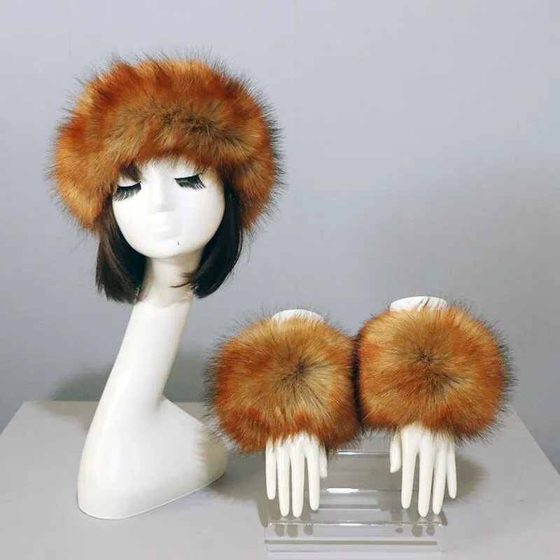 Set of Thick and Fluffy Faux Fur Headband and Elastic Cuffs Winter Warmer