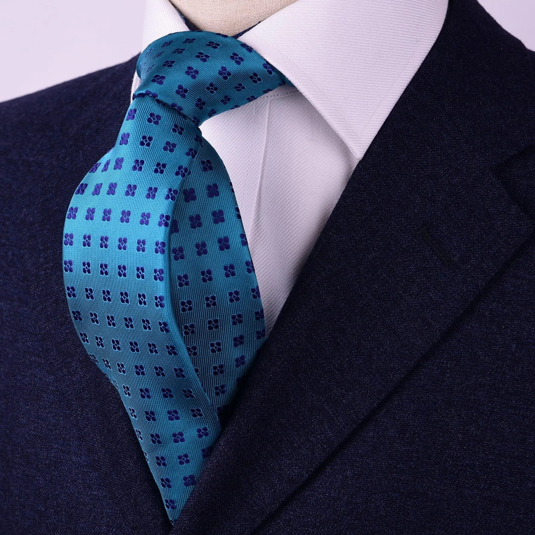 Small Purple 4 Pedal Floral Blue Flashy Green Teal Woven Tie 3"