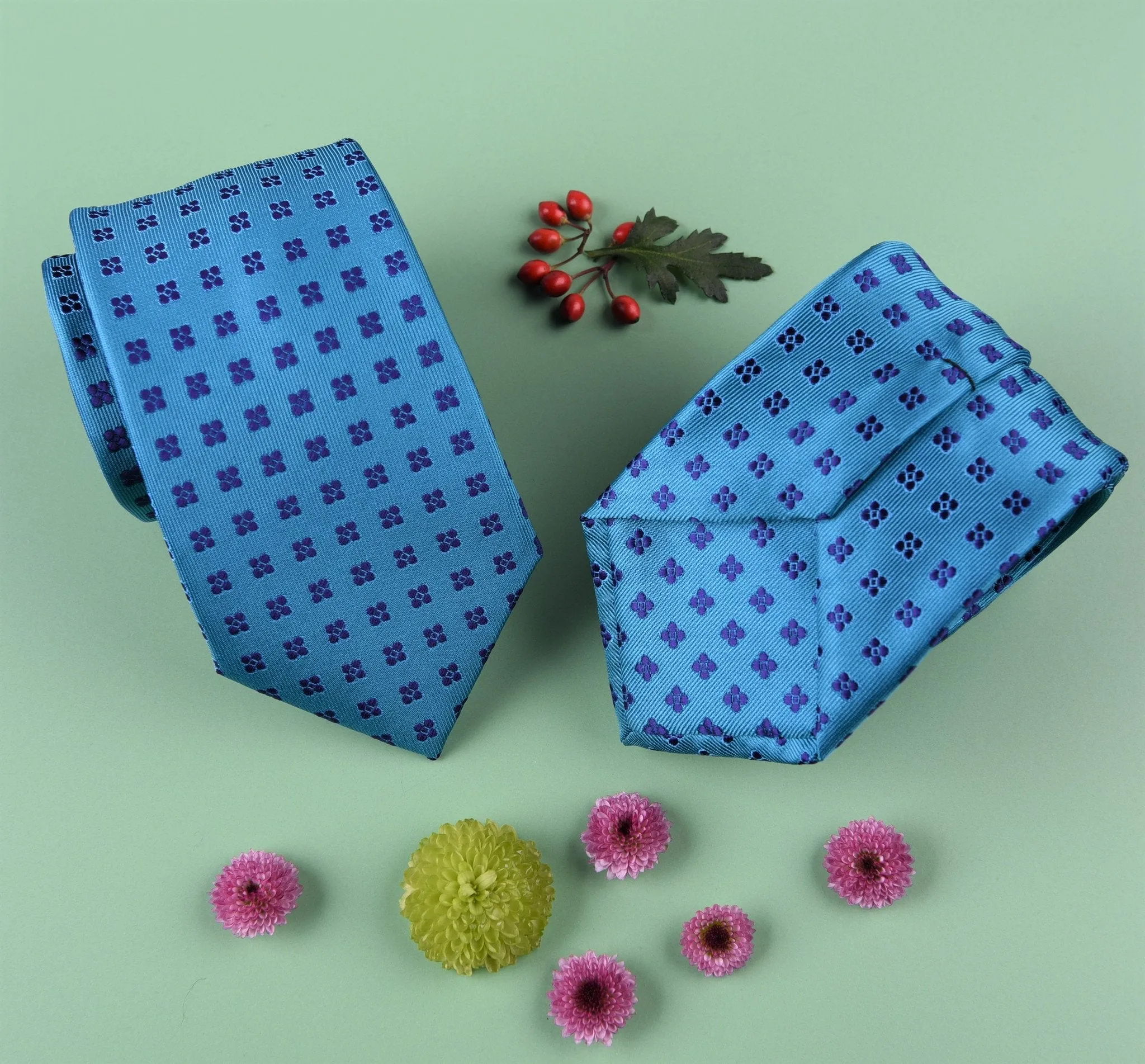 Small Purple 4 Pedal Floral Blue Flashy Green Teal Woven Tie 3"