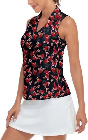 Soneven Women's Sleeveless Printed Polo Golf Shirts Quick Dry V-Neck Lightweight Tennis Tank Tops, 50  UV Protection