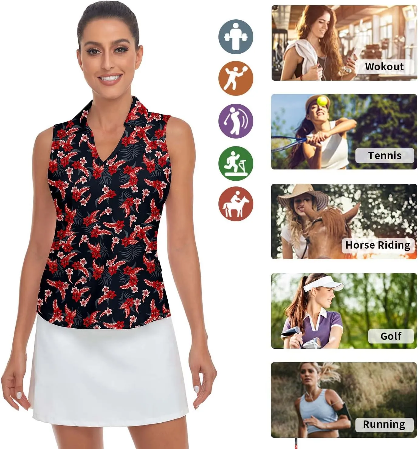 Soneven Women's Sleeveless Printed Polo Golf Shirts Quick Dry V-Neck Lightweight Tennis Tank Tops, 50  UV Protection