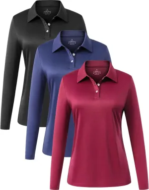 Star Vibe Long Sleeve Polo Shirts for Women Moisture Wicking Golf Shirt Quick Dry UPF 50  Sun Tennis Athletic Tops 3 Pack