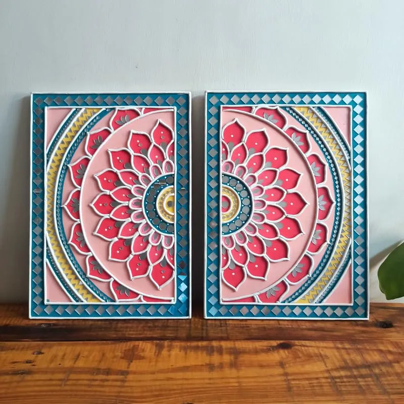 Suhasini Crafts Mirror Madala Lippan Art Wall - Left Rectangle Shape And Mirror Madala Lippan Art Wall - Center Rectangle Shape