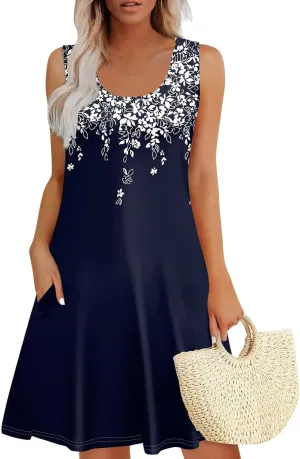 Summer Dresses for Women 2025 Casual Scoop Neck Sleeveless Sundresses Boho Tank Dress Beach Dresses with Pockets