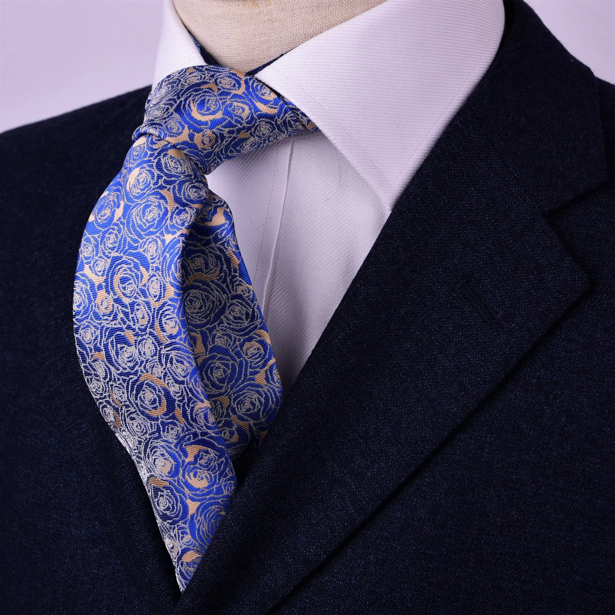 Super Lavish Blue Roses Tan Floral Designer Luxury Woven Tie 3"