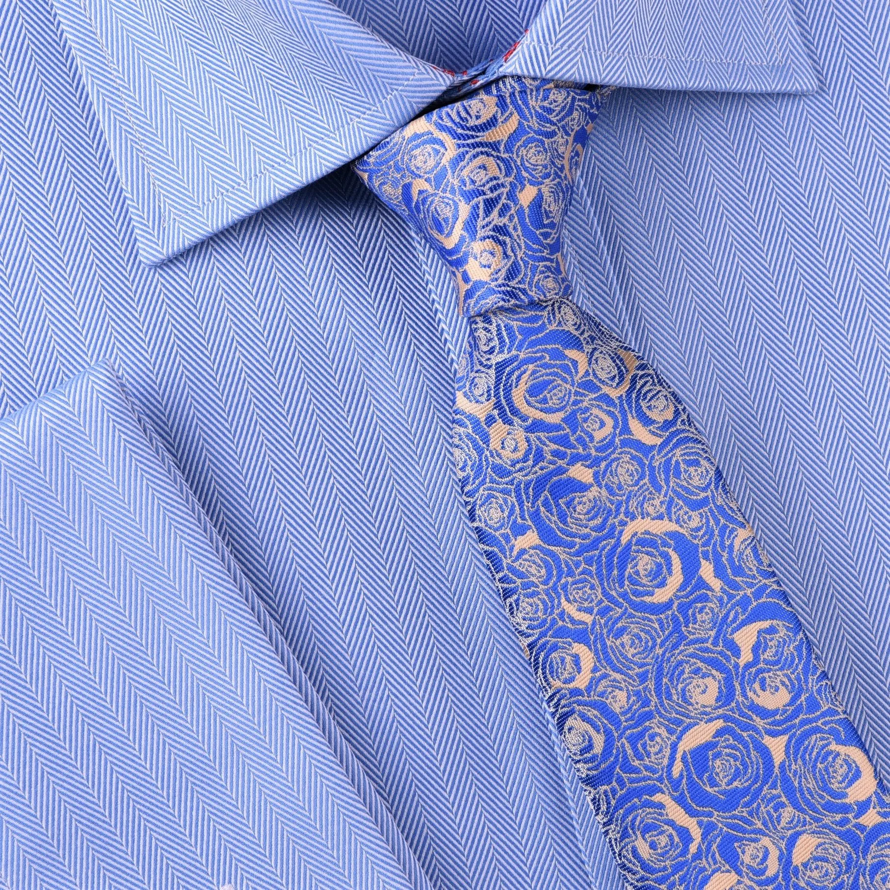 Super Lavish Blue Roses Tan Floral Designer Luxury Woven Tie 3"