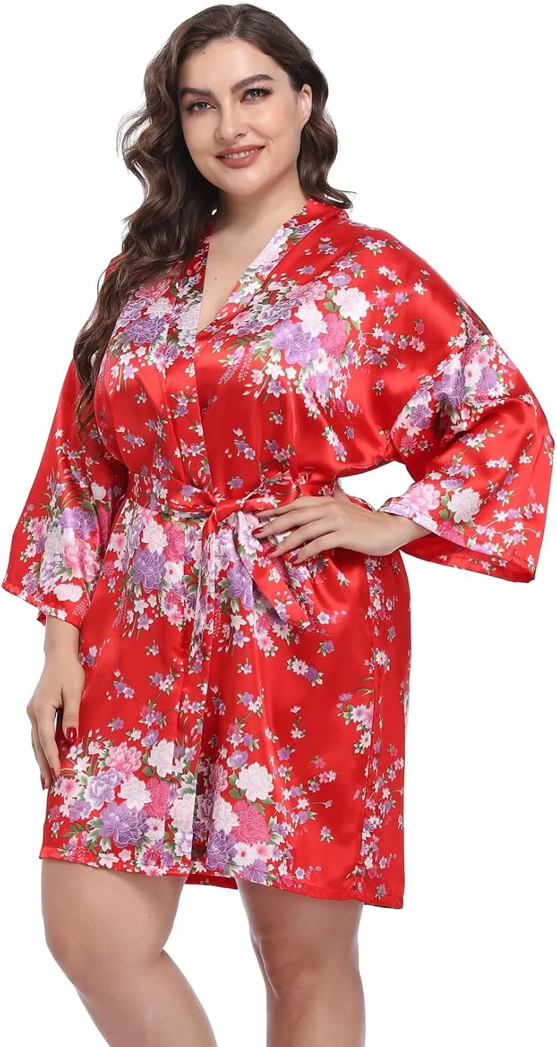 Super Shopping-zone Women's Floral Short Satin Bridesmaid Robes Silky Bride Robes Getting Ready