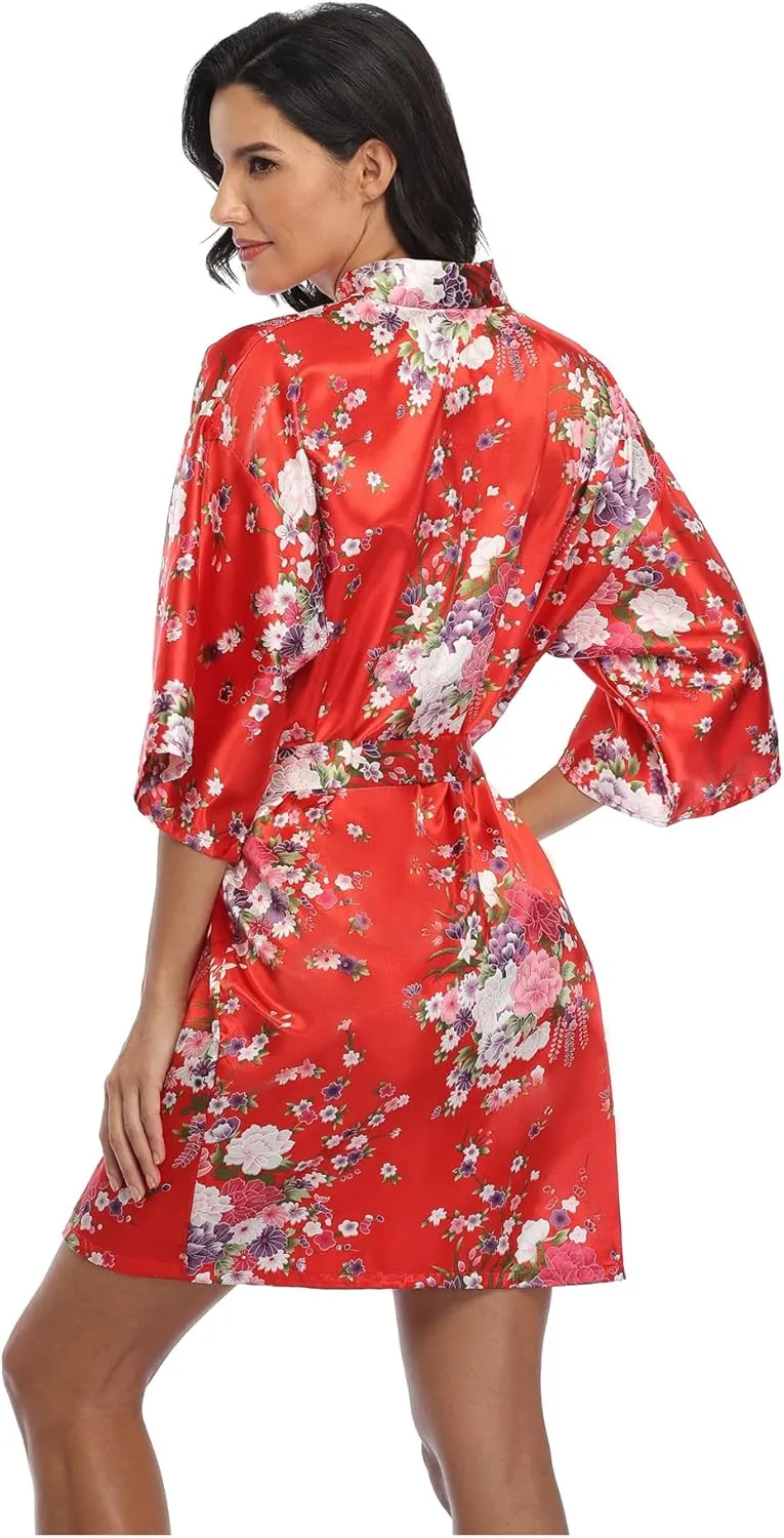 Super Shopping-zone Women's Floral Short Satin Bridesmaid Robes Silky Bride Robes Getting Ready