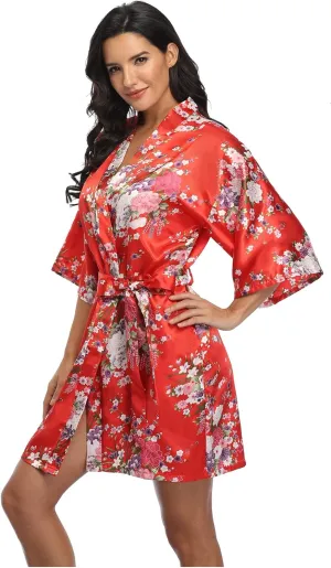 Super Shopping-zone Women's Floral Short Satin Bridesmaid Robes Silky Bride Robes Getting Ready