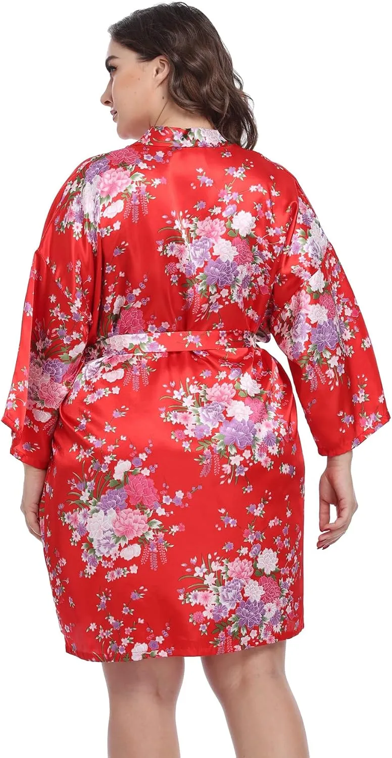 Super Shopping-zone Women's Floral Short Satin Bridesmaid Robes Silky Bride Robes Getting Ready