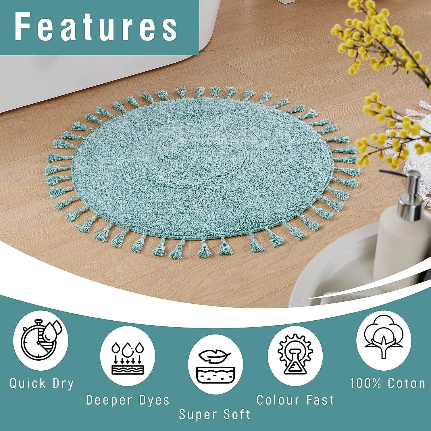 Super Soft Absorbent Non-Slip Round Tasselled Bath Mat 100% Cotton Bathroom Rug in Duck Egg Grey Natural and White by OLIVIA ROCCO