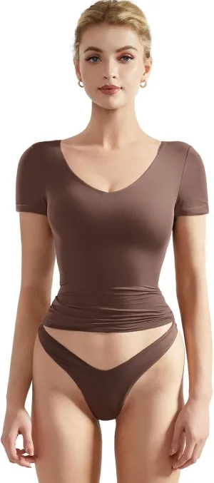 SUUKSESS Women Double Lined Fitted Basic Tee Sexy V Neck Short Sleeve Y2K Crop Top