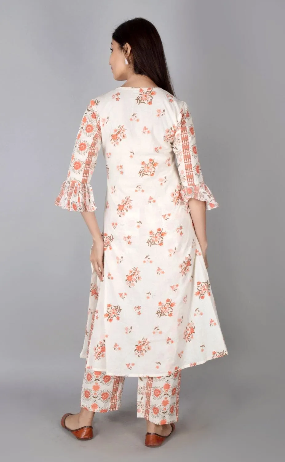 SVARCHI Women's Cotton Cambric Floral Printed A-Line Kurta & Palazzo Set (White & Orange)