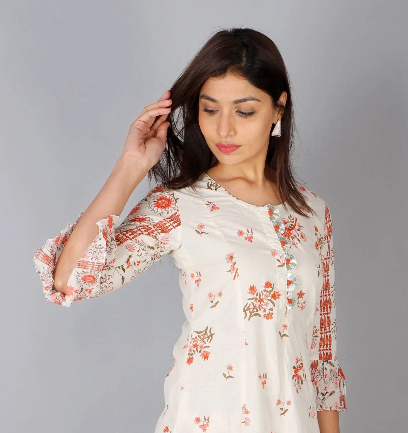 SVARCHI Women's Cotton Cambric Floral Printed A-Line Kurta & Palazzo Set (White & Orange)