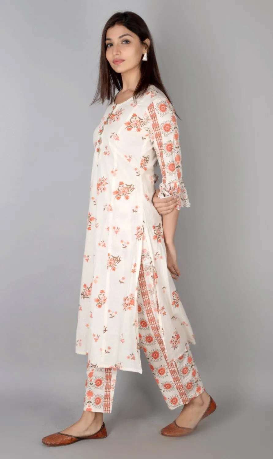 SVARCHI Women's Cotton Cambric Floral Printed A-Line Kurta & Palazzo Set (White & Orange)