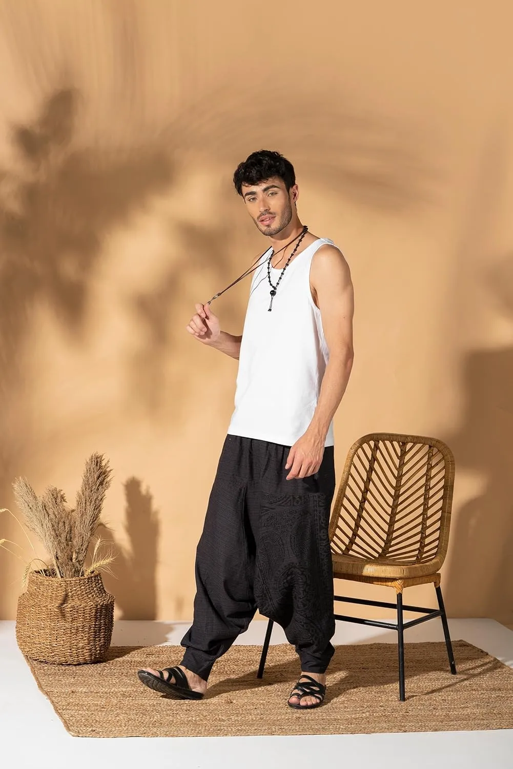 The Veshti Company Men's Boho Harem Pants - Printed Yoga Baggy Pants with Elastic Waist & Drawstring,
