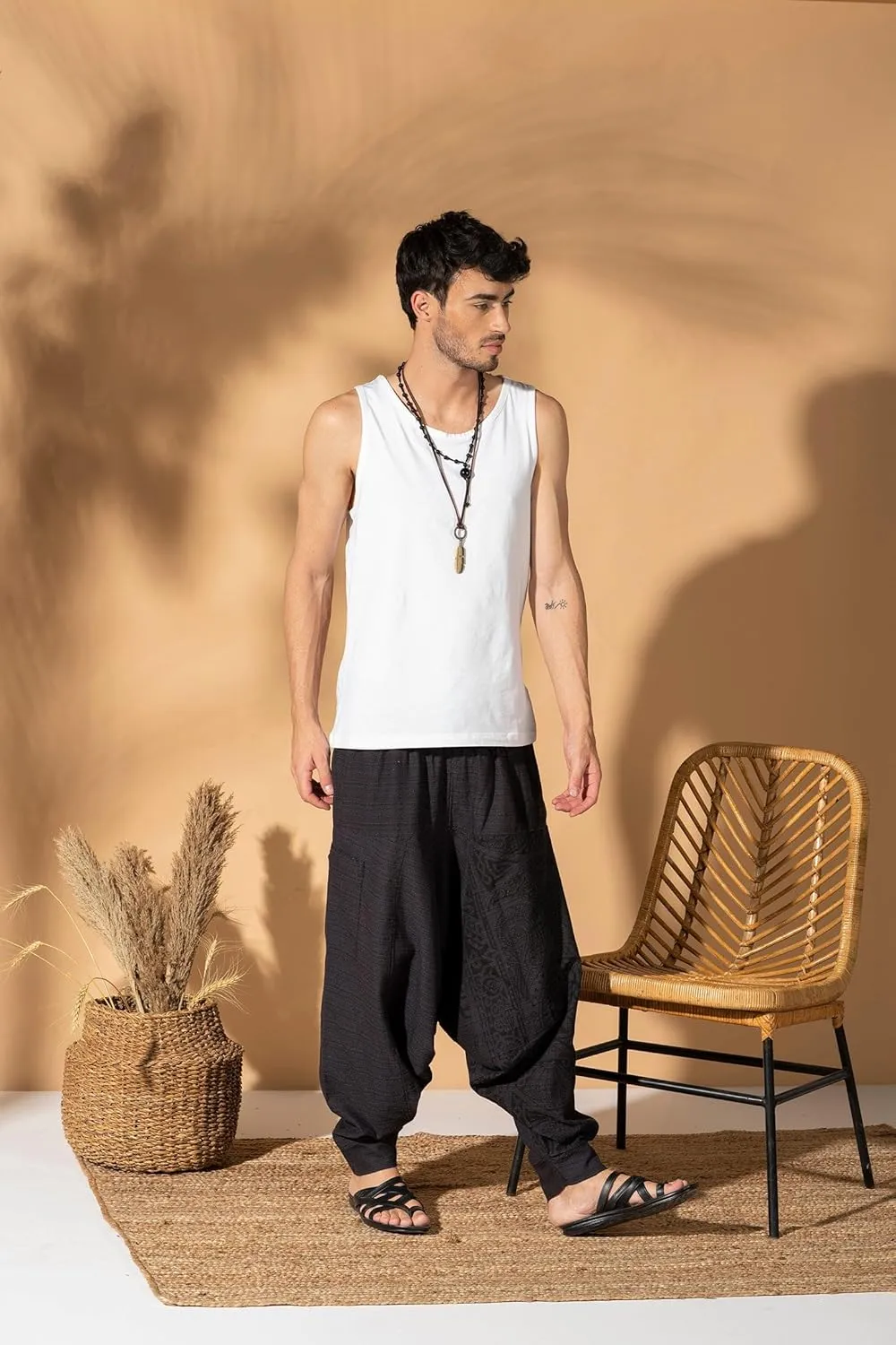 The Veshti Company Men's Boho Harem Pants - Printed Yoga Baggy Pants with Elastic Waist & Drawstring,
