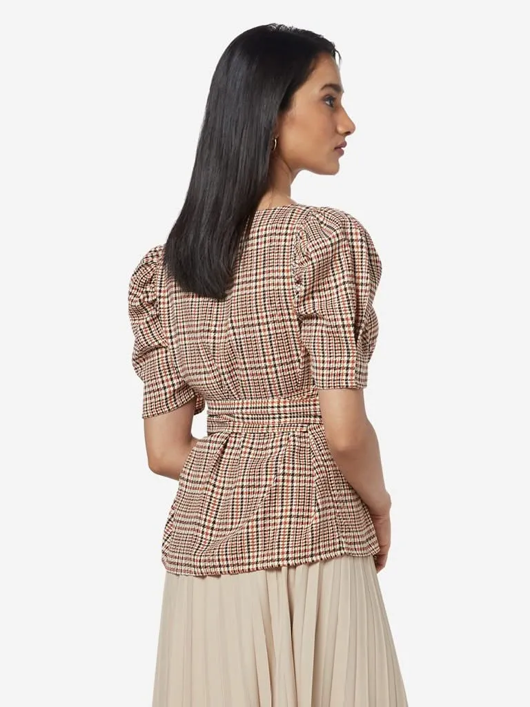 Wardrobe Brown Houndstooth Print Wink Top
