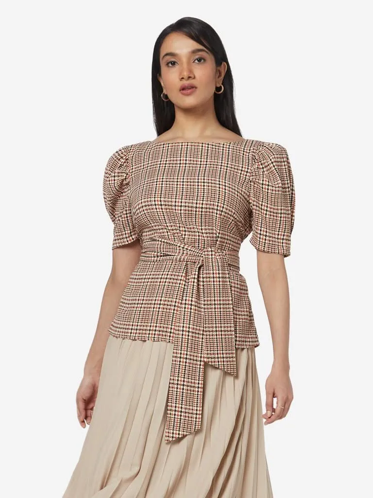 Wardrobe Brown Houndstooth Print Wink Top