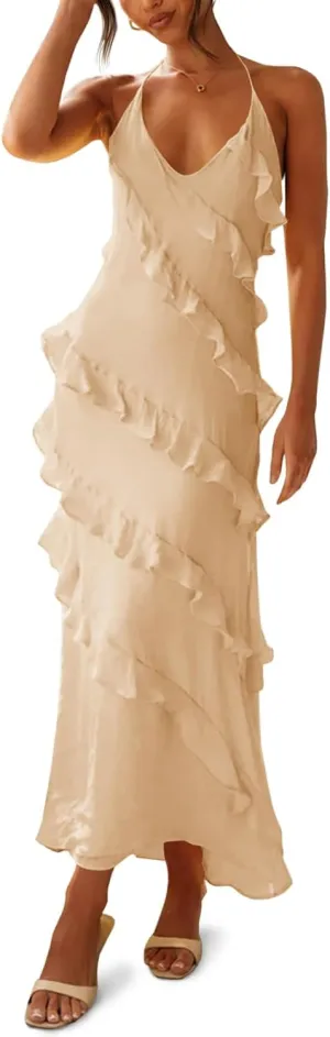 Wenrine Womens Sexy Chiffon Halter Maxi Dress Sleeveless Backless Ruffle Tassel Party Club Dresses