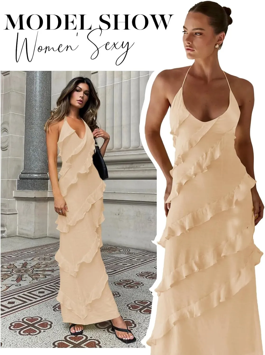 Wenrine Womens Sexy Chiffon Halter Maxi Dress Sleeveless Backless Ruffle Tassel Party Club Dresses