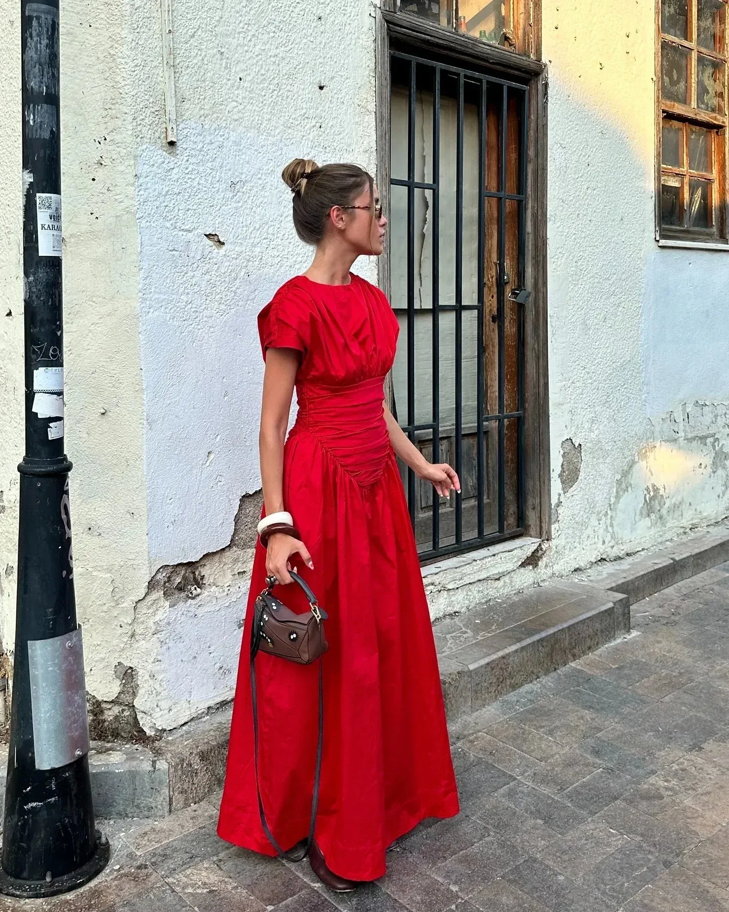 Wjczt 2024 Women's Elegant Red O-neck Pleated Maxi Dress Fashion Short Sleeves High Waisted Vestido Chic Lady Casual Holiday Robes