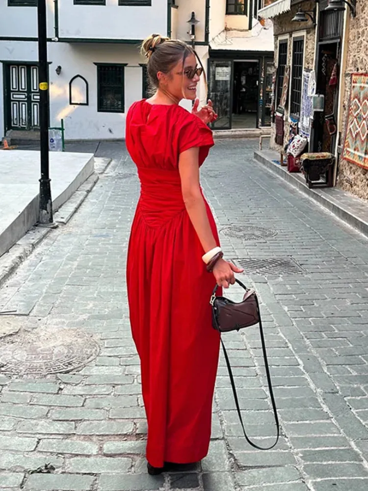 Wjczt 2024 Women's Elegant Red O-neck Pleated Maxi Dress Fashion Short Sleeves High Waisted Vestido Chic Lady Casual Holiday Robes