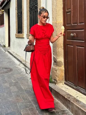 Wjczt 2024 Women's Elegant Red O-neck Pleated Maxi Dress Fashion Short Sleeves High Waisted Vestido Chic Lady Casual Holiday Robes