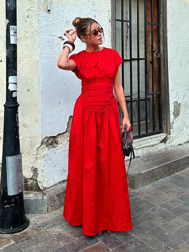 Wjczt 2024 Women's Elegant Red O-neck Pleated Maxi Dress Fashion Short Sleeves High Waisted Vestido Chic Lady Casual Holiday Robes