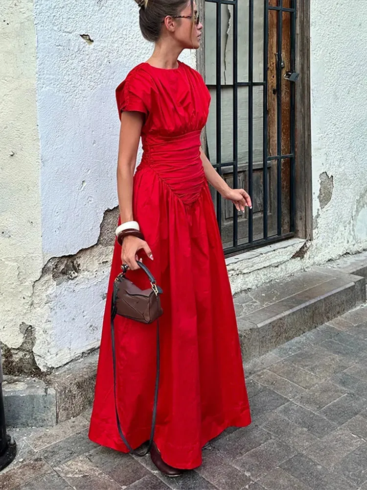 Wjczt 2024 Women's Elegant Red O-neck Pleated Maxi Dress Fashion Short Sleeves High Waisted Vestido Chic Lady Casual Holiday Robes