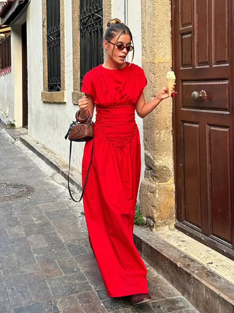 Wjczt 2024 Women's Elegant Red O-neck Pleated Maxi Dress Fashion Short Sleeves High Waisted Vestido Chic Lady Casual Holiday Robes