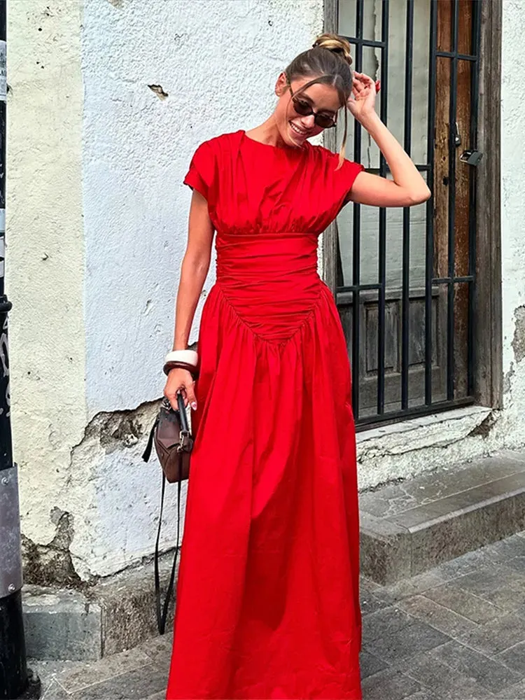 Wjczt 2024 Women's Elegant Red O-neck Pleated Maxi Dress Fashion Short Sleeves High Waisted Vestido Chic Lady Casual Holiday Robes