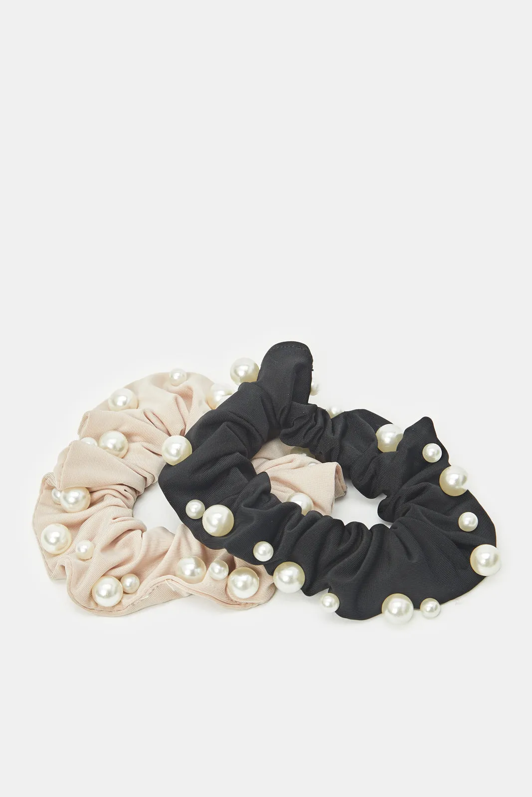 Women Beige And Black Embellished Scrunchy Set (2 Piece)