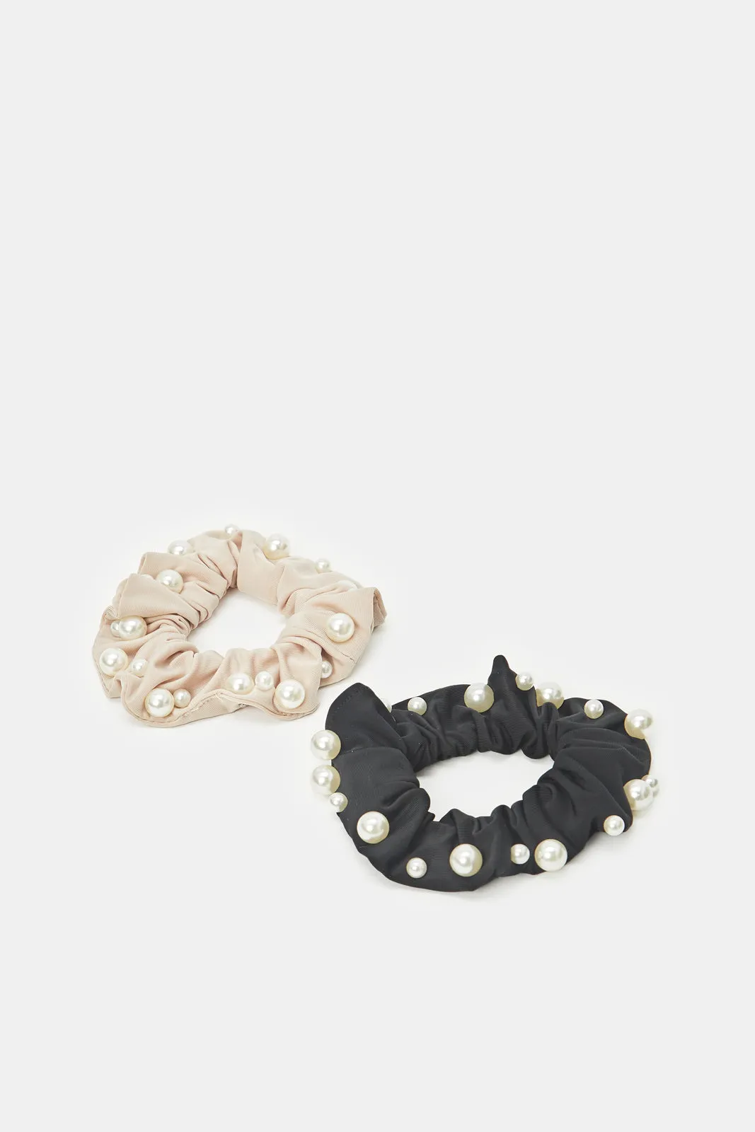 Women Beige And Black Embellished Scrunchy Set (2 Piece)