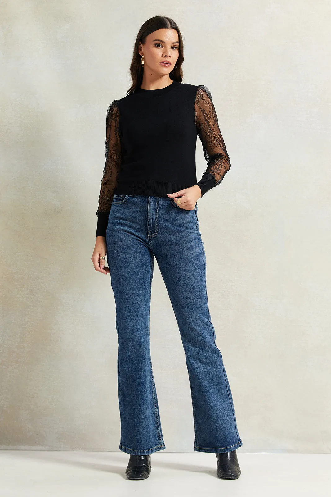 Women Black Sheer Sleeve Top