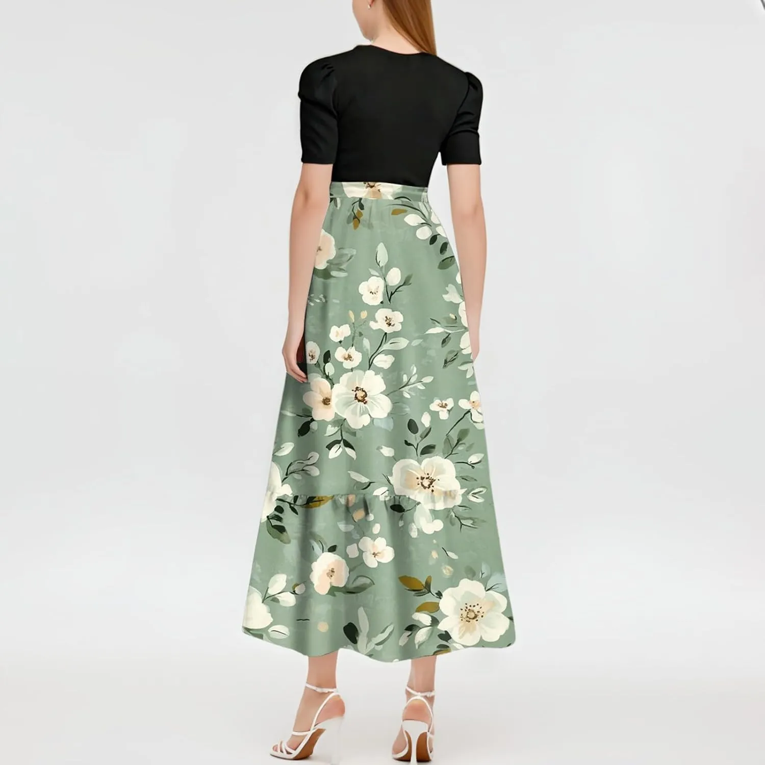 Women's 2025 Summer Floral Crew Neck Midi Dress Boho Short Sleeve High Waist Flowy Beach Vacation Dresses