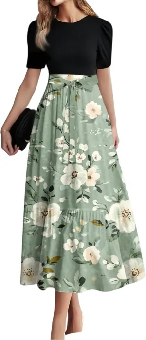 Women's 2025 Summer Floral Crew Neck Midi Dress Boho Short Sleeve High Waist Flowy Beach Vacation Dresses